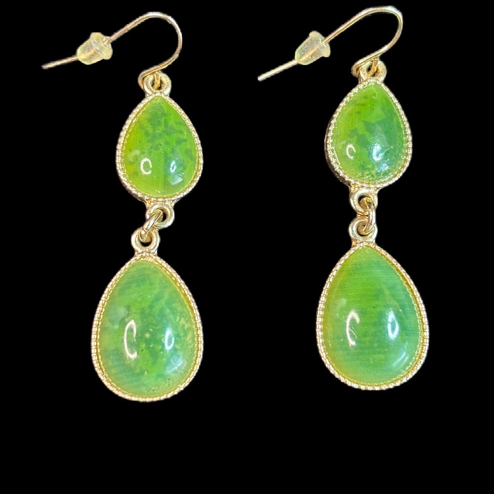 VTG Green and Gold Teardrop Earrings with Double Stone Design